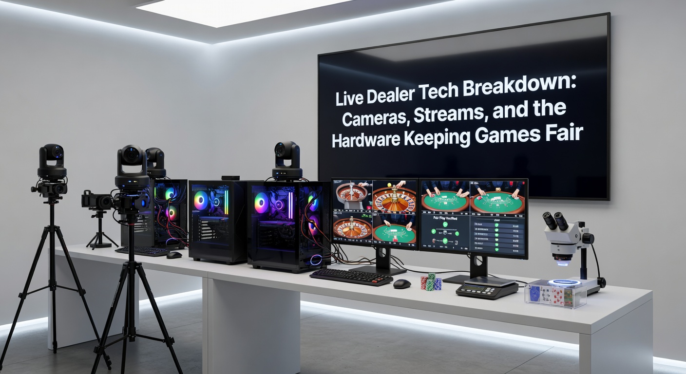 Technisches Setup in einem Live-Casino-Studio mit mehreren Monitoren, die Streams und Datenüberwachung anzeigen, inklusive RFID-Chips auf einem Spielchip
